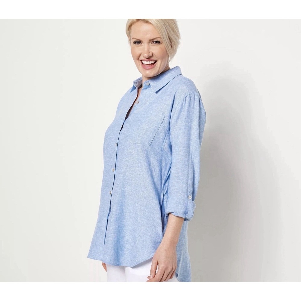 Susan Graver NWOT Beachy Linen Blend Tunic Shirt XXS Blue Relaxed Resort Luxury